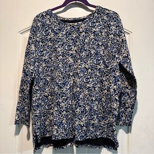 J. Jill Simply Supima Crew Neck Blue and Black Patterned Blouse